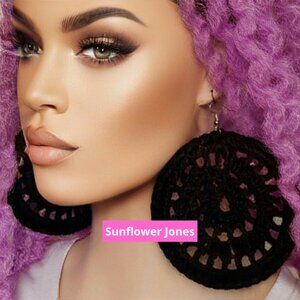 Jumbo Large Crochet Statement Earrings Black